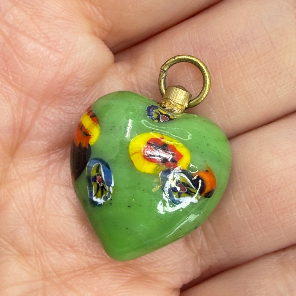 Millefiori Glass Heart Pendant Green Italian Art Glass Charm Vintage Murano